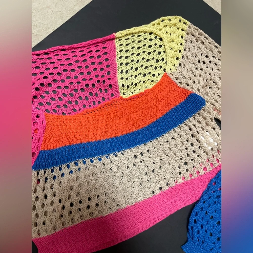Long Sleeve Crochet Crop Top Color Block Hollow Out Shirt, M